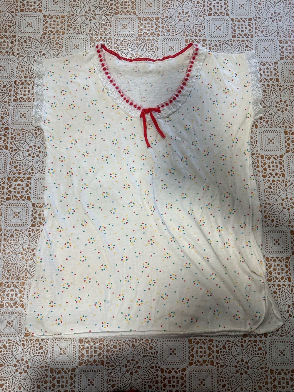 Handmade White Novelty Print Lace Trim Pajama Sleep Top Approx XL